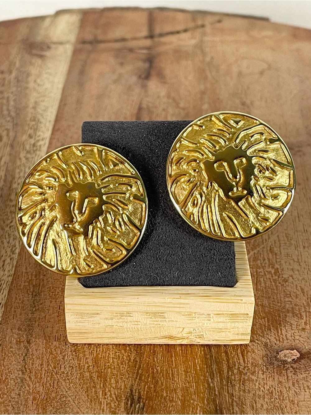 Vintage Anne Klein Lion Head Clip On Earrings Gold Tone Statement